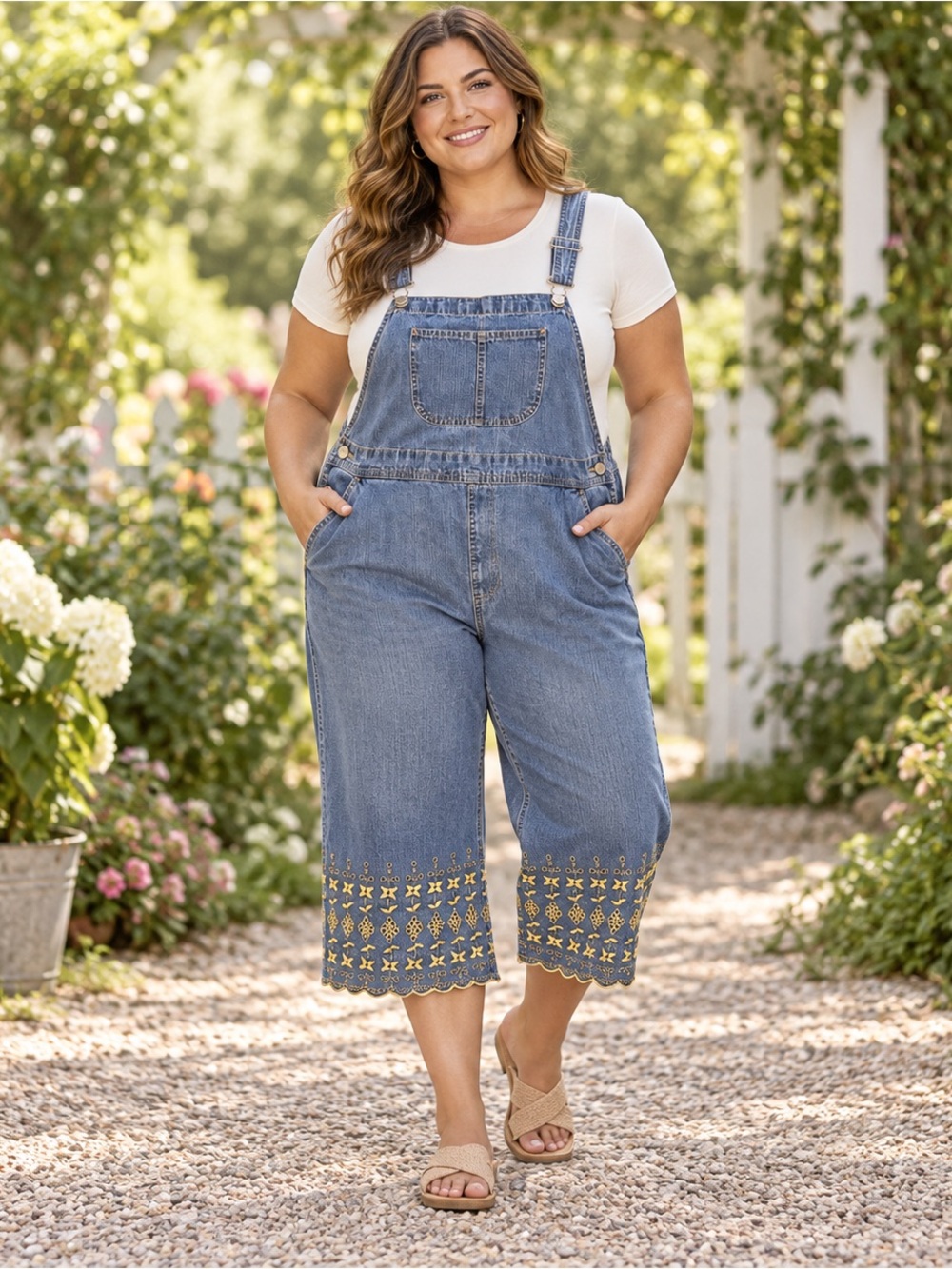 Vintage Gloria Vanderbilt Cropped Denim Overalls Women’s L Embroidered Capri